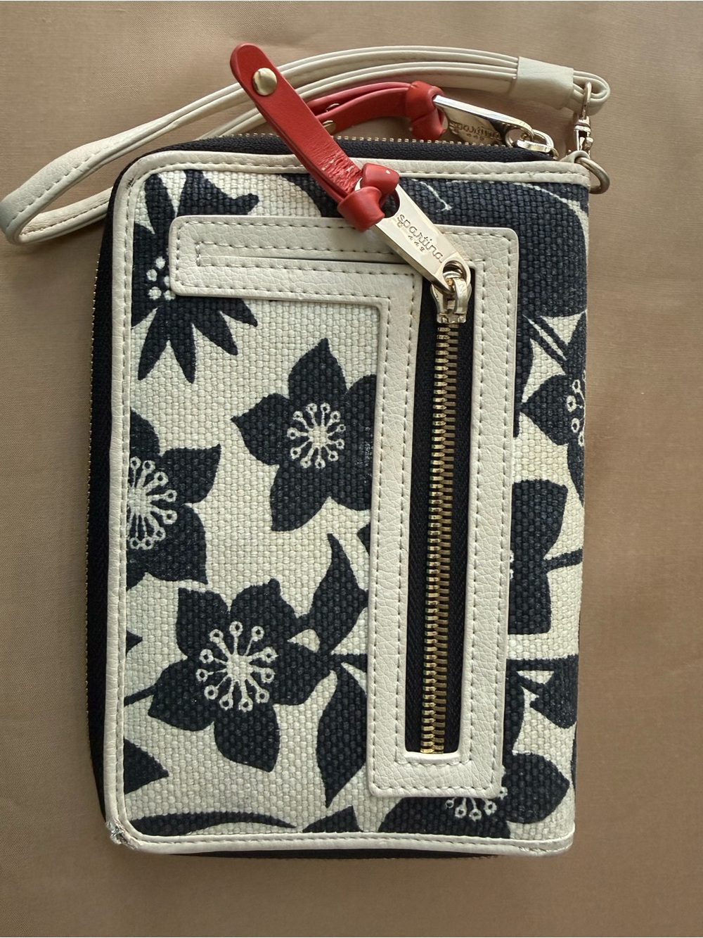 Spartina 449 Navy Floral Canvas Wristlet with Cream Trim and Red Pull - Picture 13 of 13